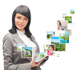 Portrait of young happy woman sharing his photo and video files