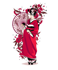 Japanese girl in red traditional clothes with umbrella.