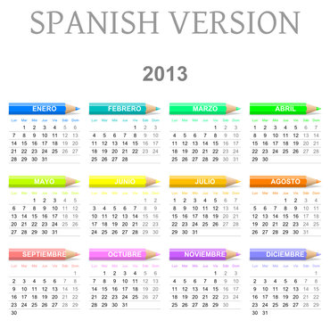 Monday to sunday 2013 calendar with crayons spanish version