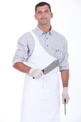 Butcher with a cleaver and steel