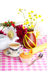 continental colorful  breakfast on a pink background