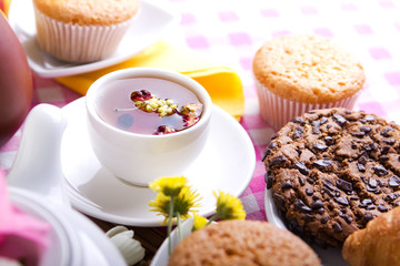 breakfest with tea and fresh baking