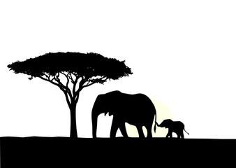 Naklejka premium African elephant with baby silhouette