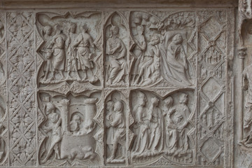 Fototapeta na wymiar Stone carvings on Auxerre cathedral in France