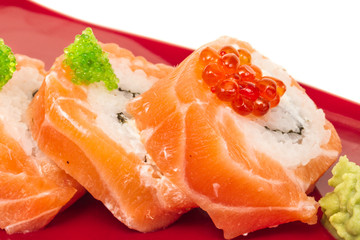 Japanese sushi traditional japanese food.Roll made of salmon, re