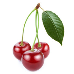 Three cherries with leaf isolated on a white background