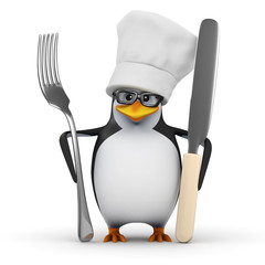 3d Penguin in glasses holds knife and fork