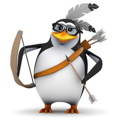 3d Penguin in glasses dressed as native indian