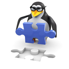 3d Penguin in glasses solves the jigsaw puzzle