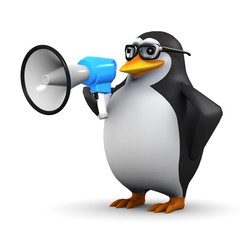 3d Penguin in glasses with megaphone