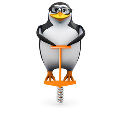 3d Penguin in glasses bounces on pogo stick