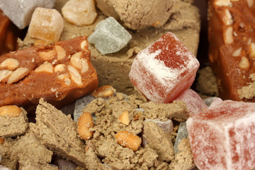 oriental sweets - sherbet, halva and turkish delight close-up