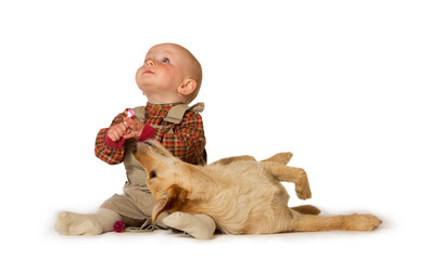 Young baby playing with a dog