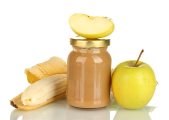 Jar with banana and apple baby food isolated on white