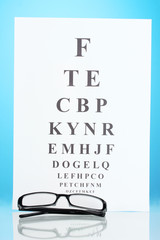 Eyesight test chart with glasses on blue background close-up