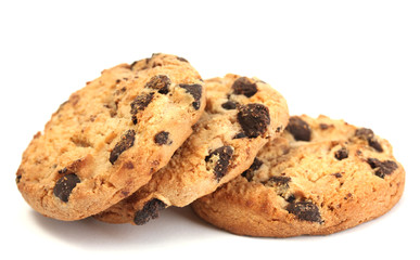 Chocolate chips cookies isolated on white.