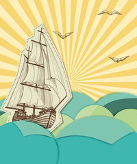 Retro sea background with sailing ship