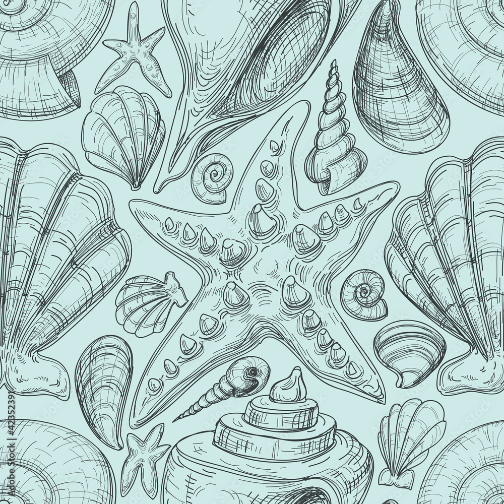 Poster beach seamless pattern with shells and starfish sketch