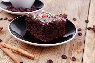 hot black coffee and chocolate cake