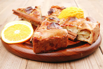 baked food : apple pie cuts and lemon
