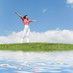 happy young woman dreams to fly on winds