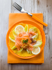 maize pancake with endive salad and smoked salmon