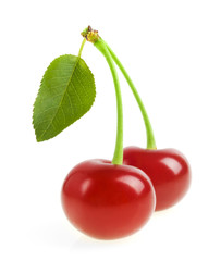 cherries with leaf isolated on a white background.