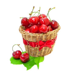 Ripe cherries with green leaves in a basket on white background