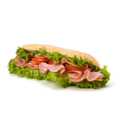 fast food baguette sandwich with lettuce, tomato, ham and chees