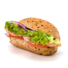 fast food baguette sandwich with lettuce, tomato, ham and chees