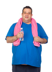 Fat man playing sport with a water bottle