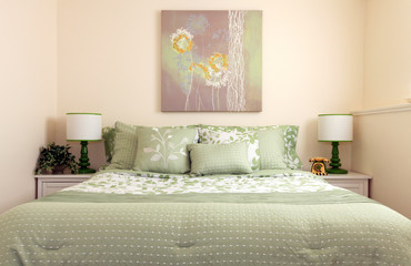 Simple green bed with two lamps and art.