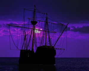 pirate ship docking under moon light