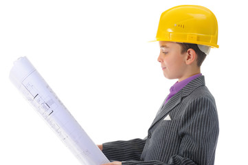 Little smiling builder in helmet