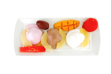 tropical fruits and ice cream