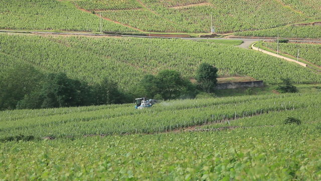 Tractor working in the vineyards of Burgundy