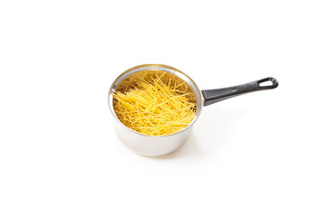 spaghetti noodles in a pot on a white background