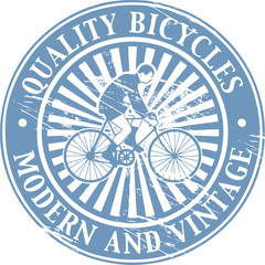 Stamp with bicycle and the words Quality Bicycles inside, vector