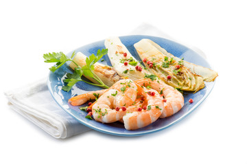 appetizer with shrimp and grilled endive salad