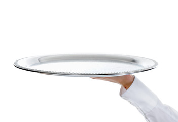 Waiter holding empty silver tray - 42384730