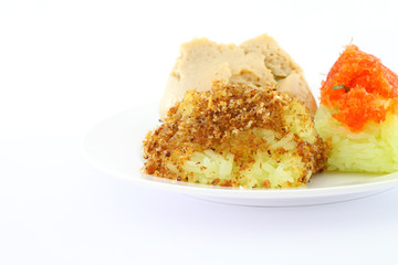 Fish grind and sugar on green sticky rice dish.