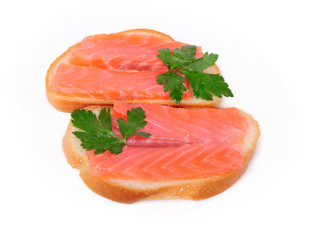 Sandwiches with red fish jn a white background