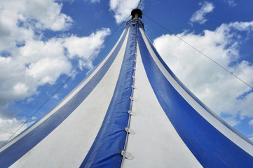 Blue and white circus tent