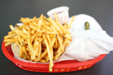 French fries and a burger in a basket.