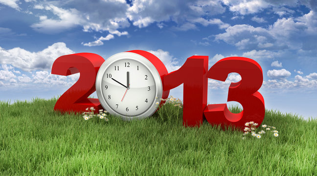 Year 2013 with Clock in the Grass under the Sky