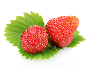 sweet ripe strawberries with leaves isolated on white