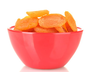 Naklejka na ściany i meble delicious dried apricots in bright bowl isolated on white