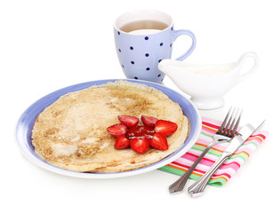 Stack of tasty pancakes isolated on white