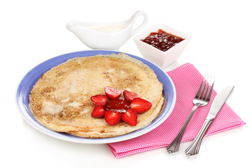 Stack of tasty pancakes isolated on white