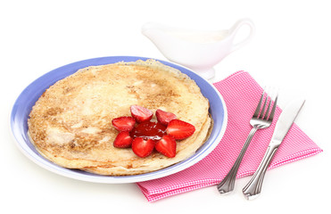 Stack of tasty pancakes isolated on white